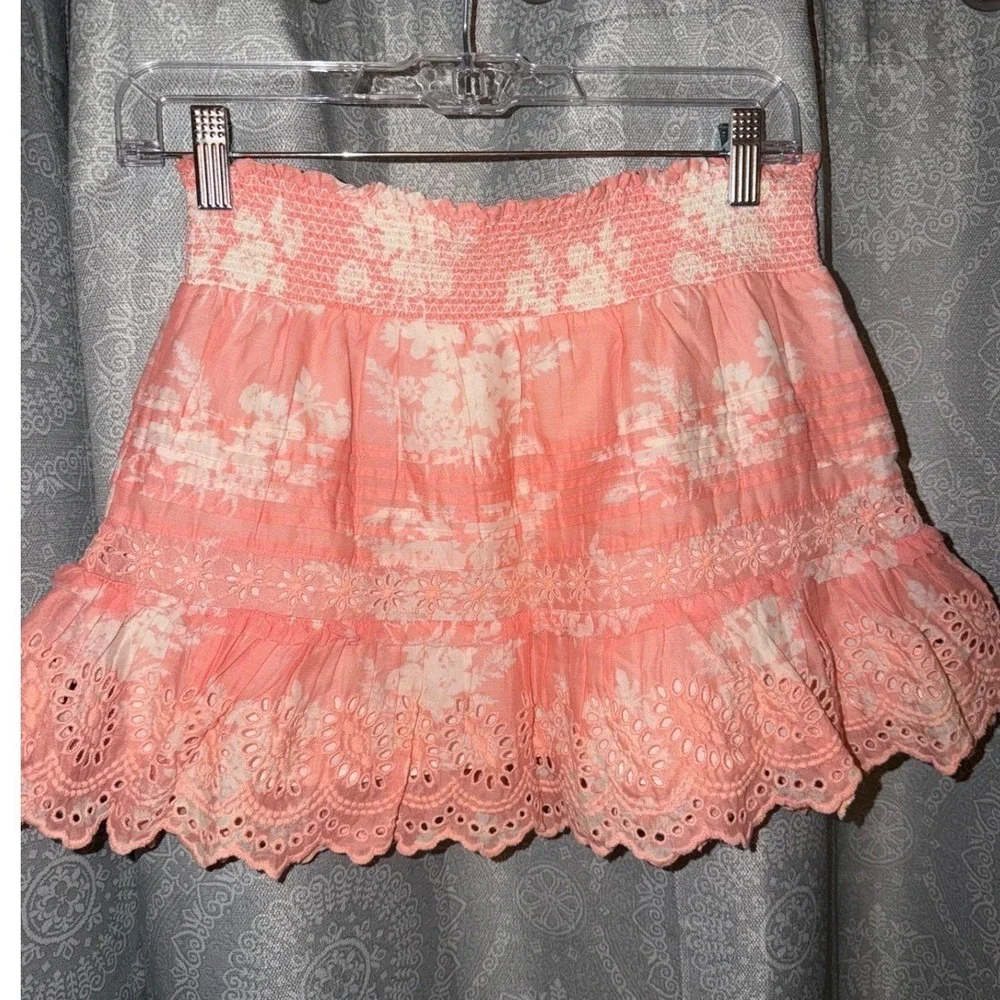 LoveShackFancy Jimena Coral Pink‎ Floral Smocked Eyelet Ruffle Mini Skirt Small
